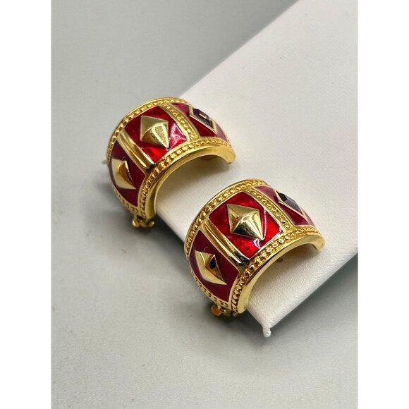Swarovski Gold Plated Red Enamel & Purple Crystal Huggie Hoop Earrings - Picture 4 of 7